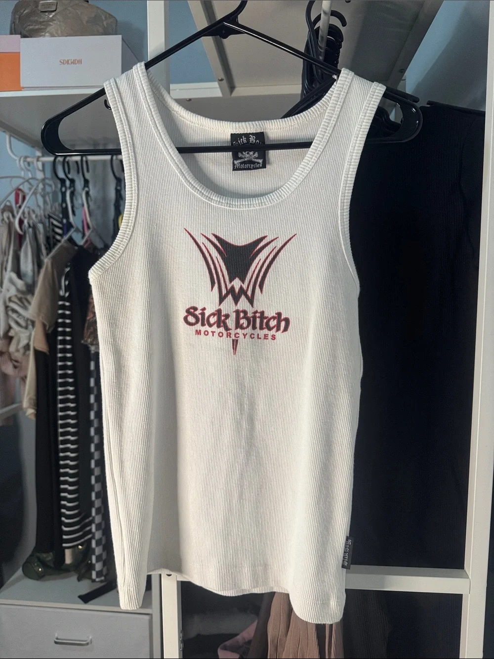 Sick boy White Ribbed Tank with Red & Black Graphic vintage